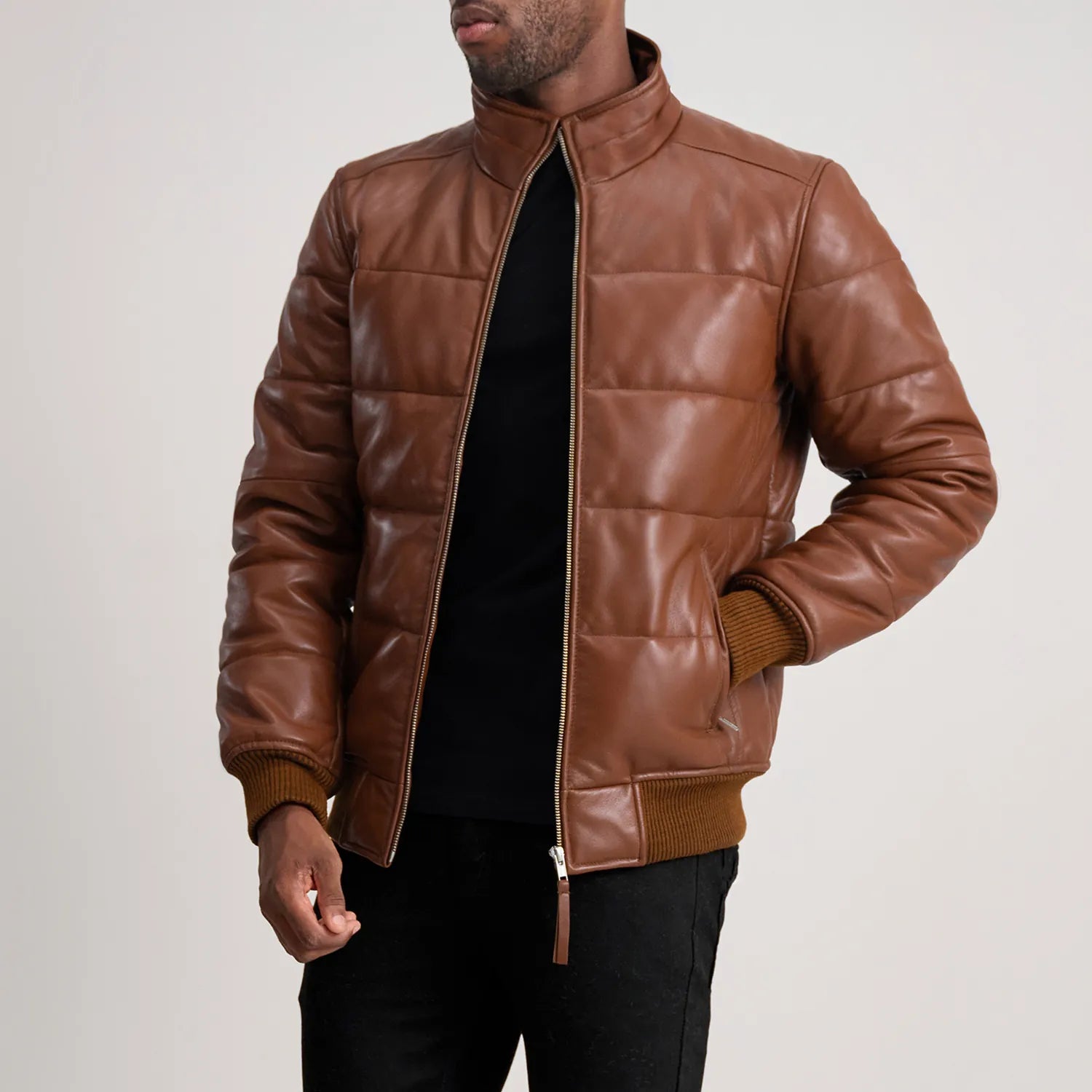 Lucent Core Leather Puffer Jacket Brown for sale