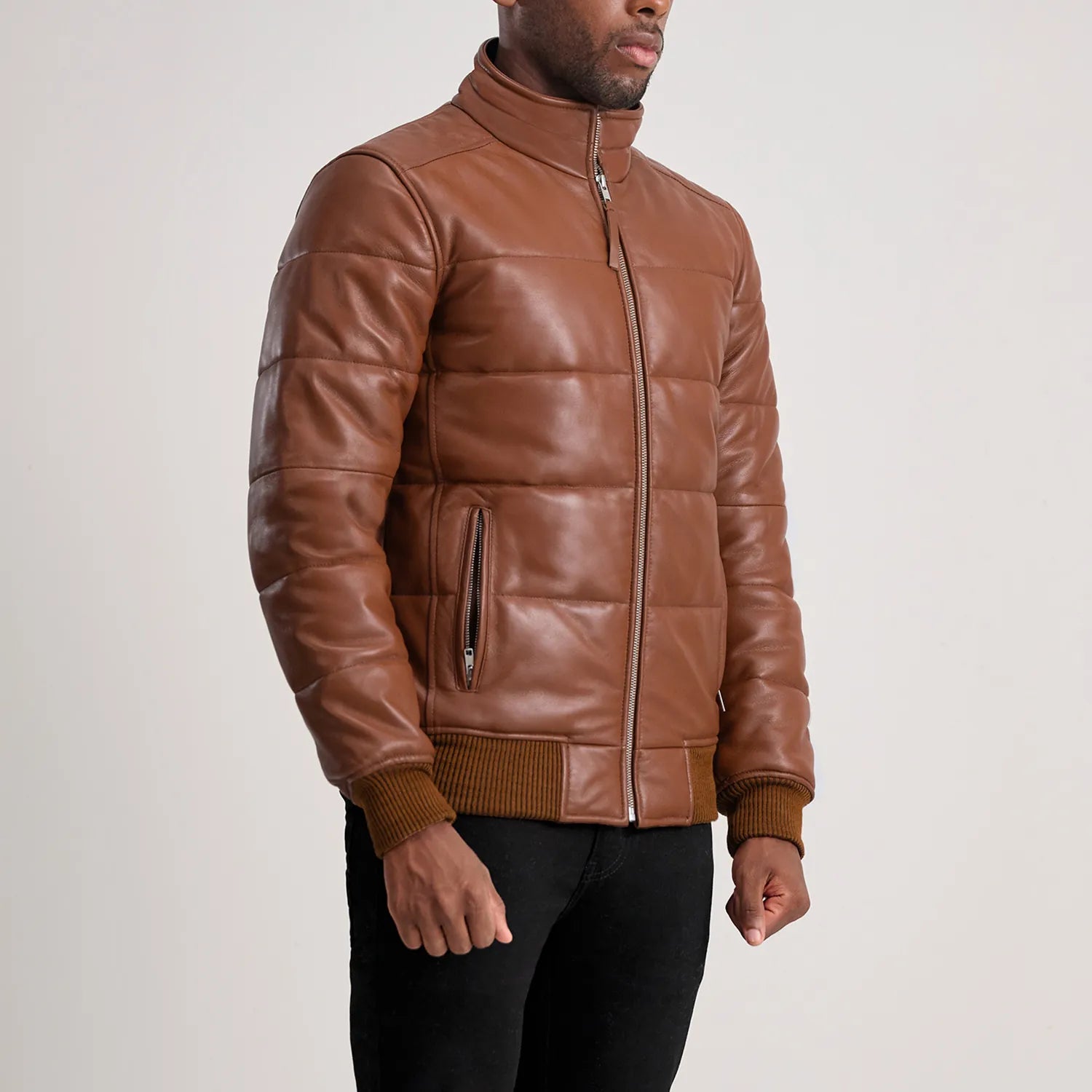 Lucent Core Leather Puffer Jacket Brown for sale