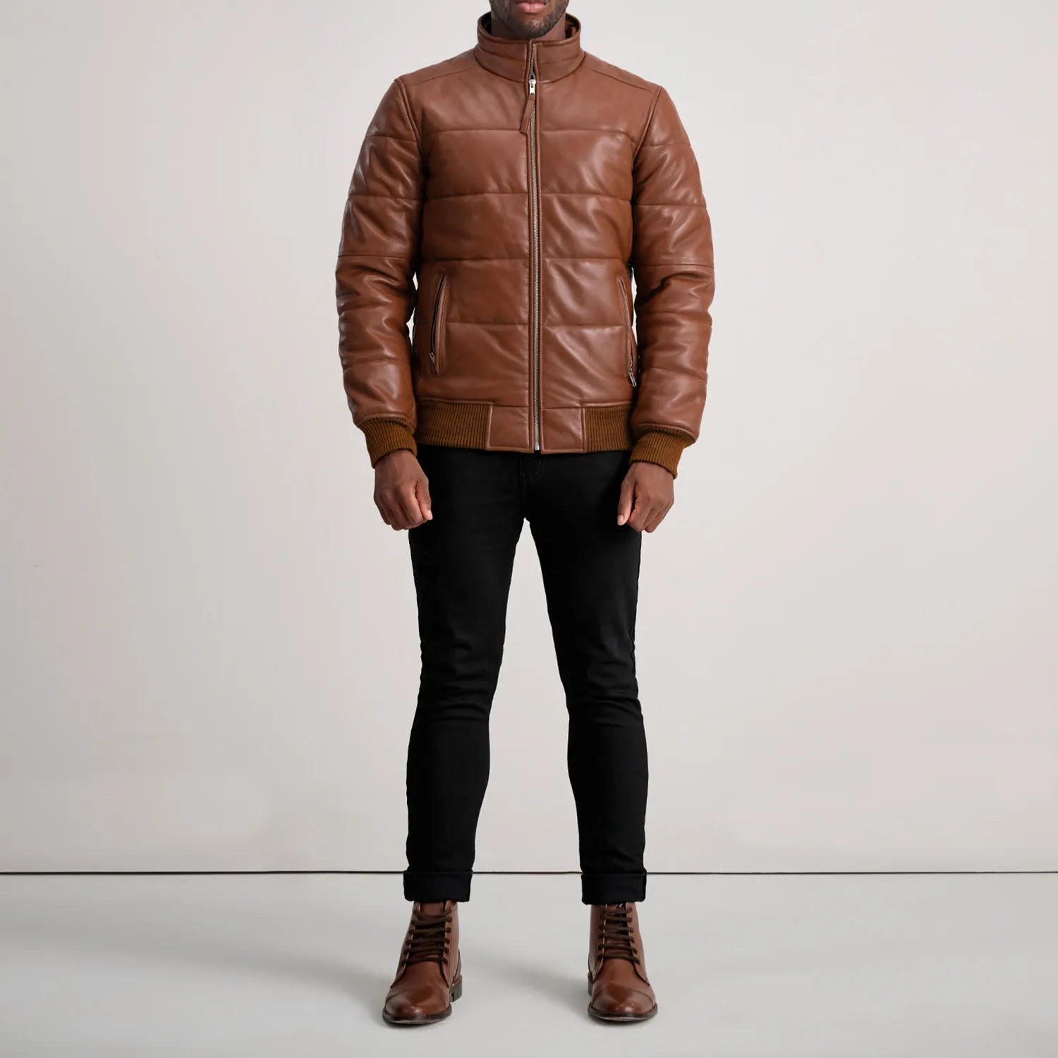 Lucent Core Leather Puffer Jacket Brown for sale
