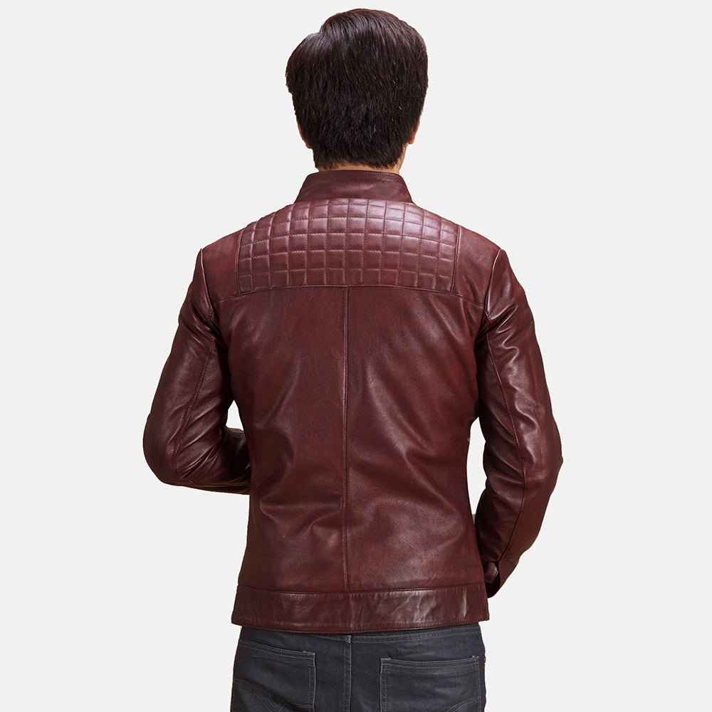 Quilted Leather Biker Jacket - Maroon for sale