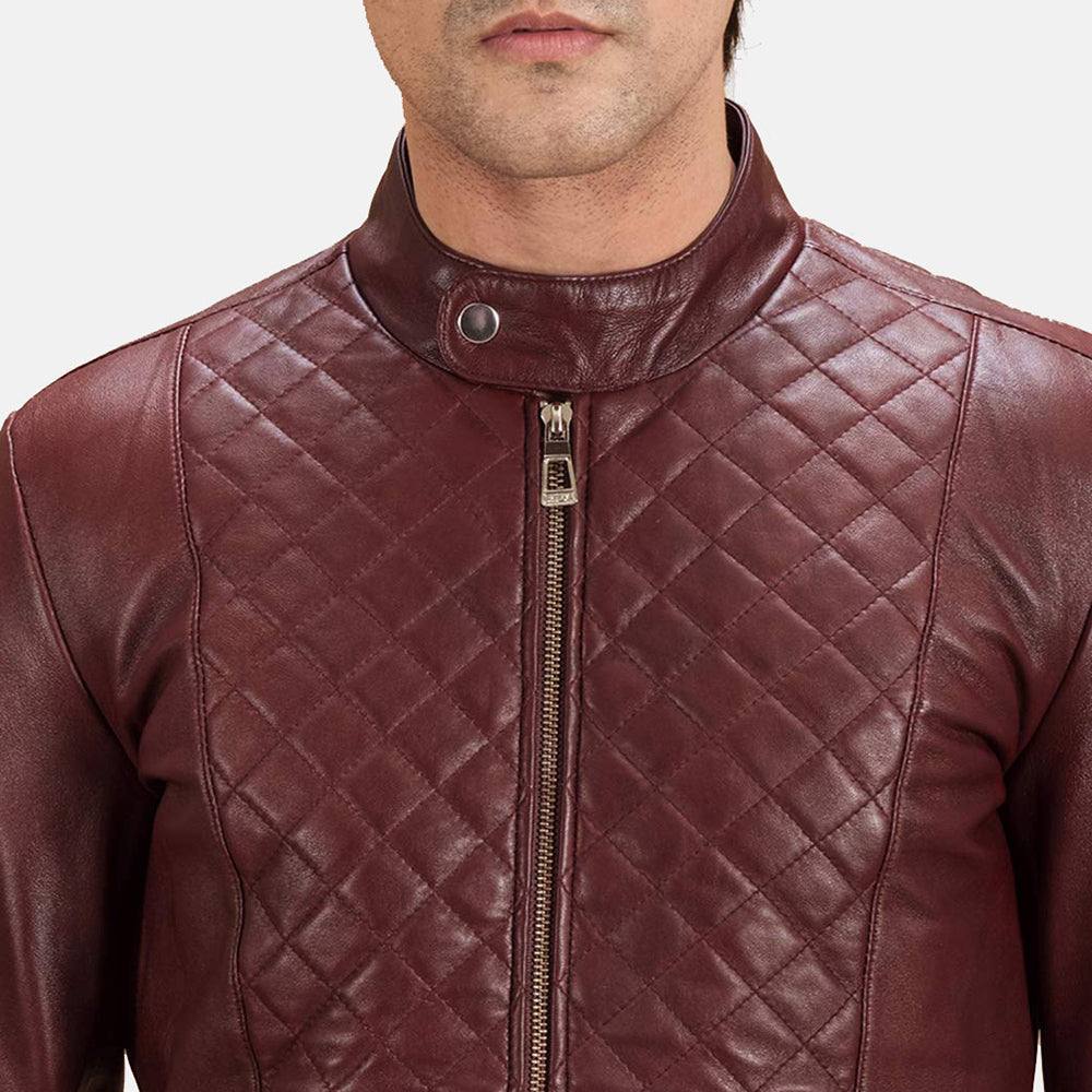 Quilted Leather Biker Jacket - Maroon for sale
