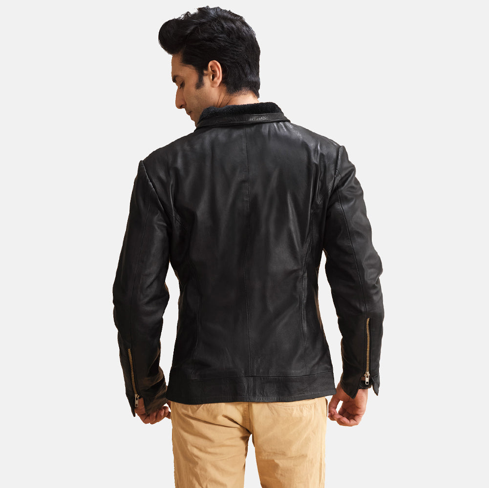 Basic Collar Leather Jacket - Black for sale