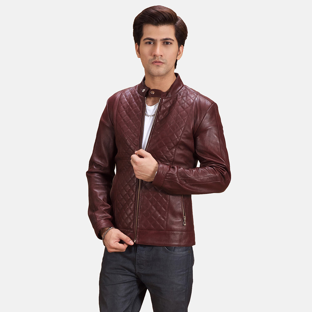 Quilted Leather Biker Jacket - Maroon for sale