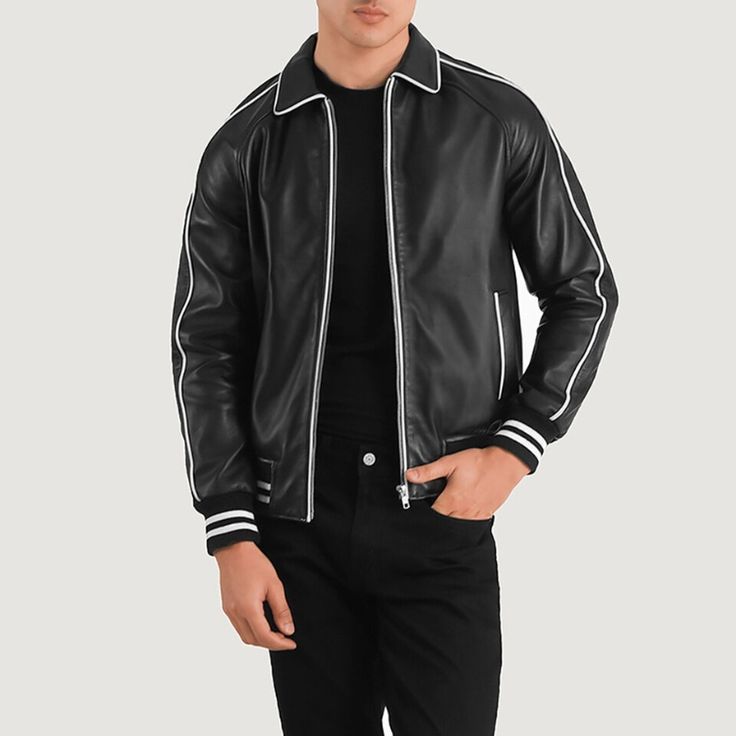 Midfield Black Leather Varsity Jacket for sale