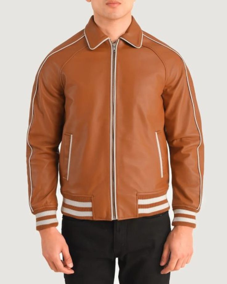 Midfield Tan Brown Leather Varsity Jacket for sale