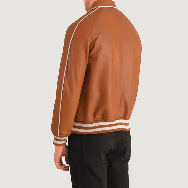 Midfield Tan Brown Leather Varsity Jacket for sale