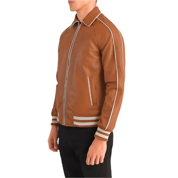 Midfield Tan Brown Leather Varsity Jacket for sale