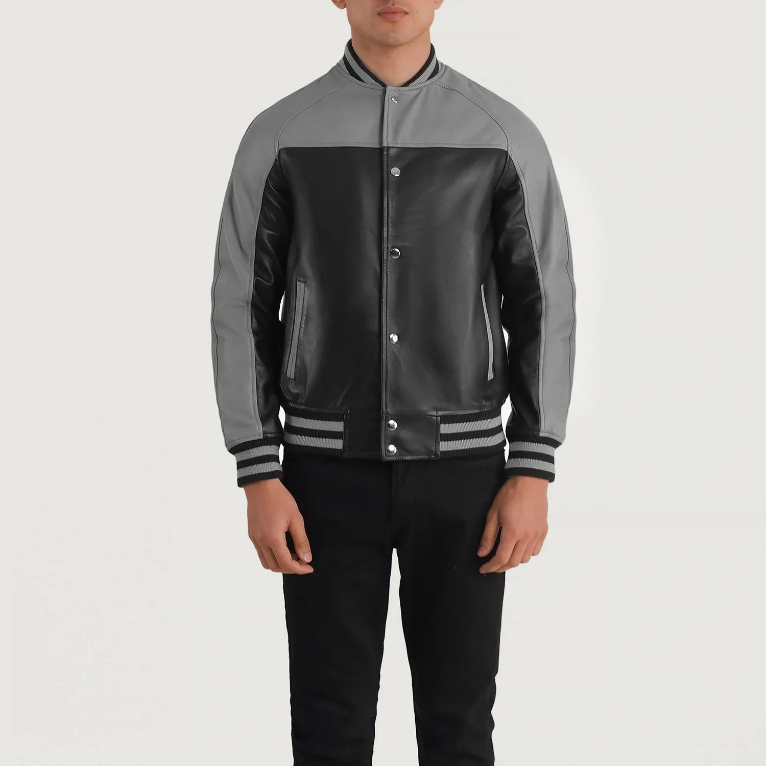 MonoStrike Leather Varsity Jacket – Black & Grey for sale