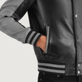 MonoStrike Leather Varsity Jacket – Black & Grey for sale