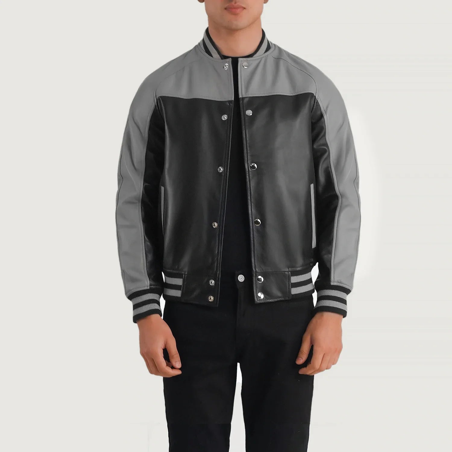 MonoStrike Leather Varsity Jacket – Black & Grey for sale
