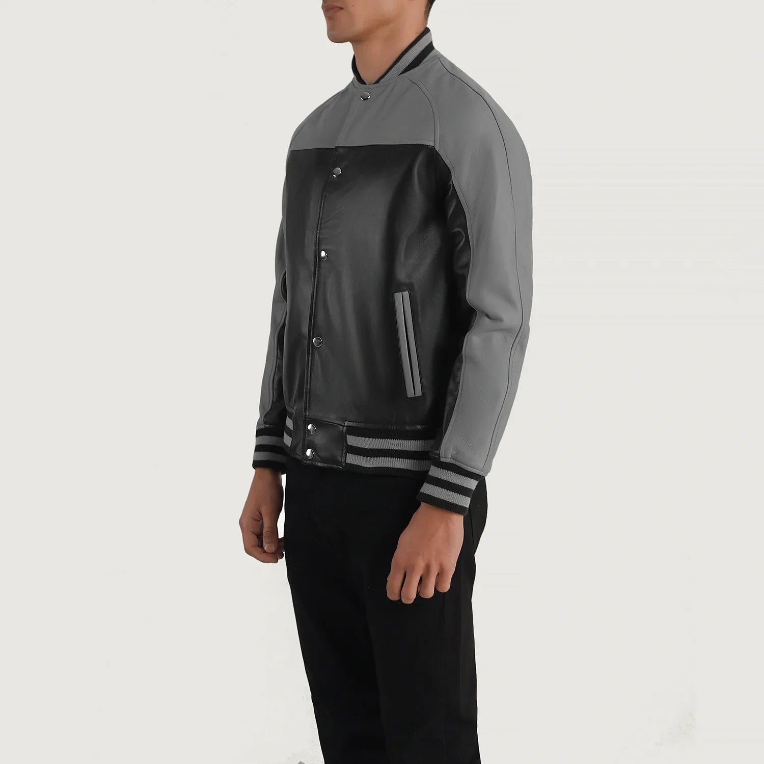 MonoStrike Leather Varsity Jacket – Black & Grey for sale