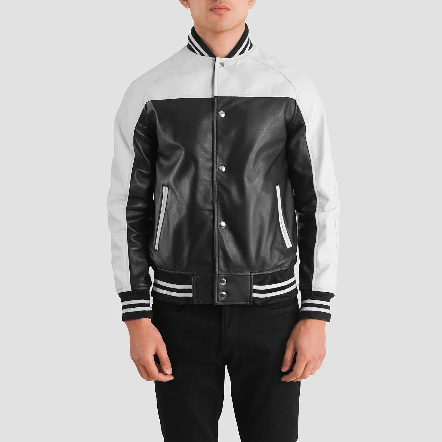 MonoStrike Leather Varsity Jacket – Black & White for sale