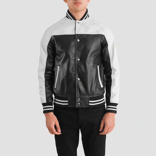 MonoStrike Leather Varsity Jacket – Black & White for sale