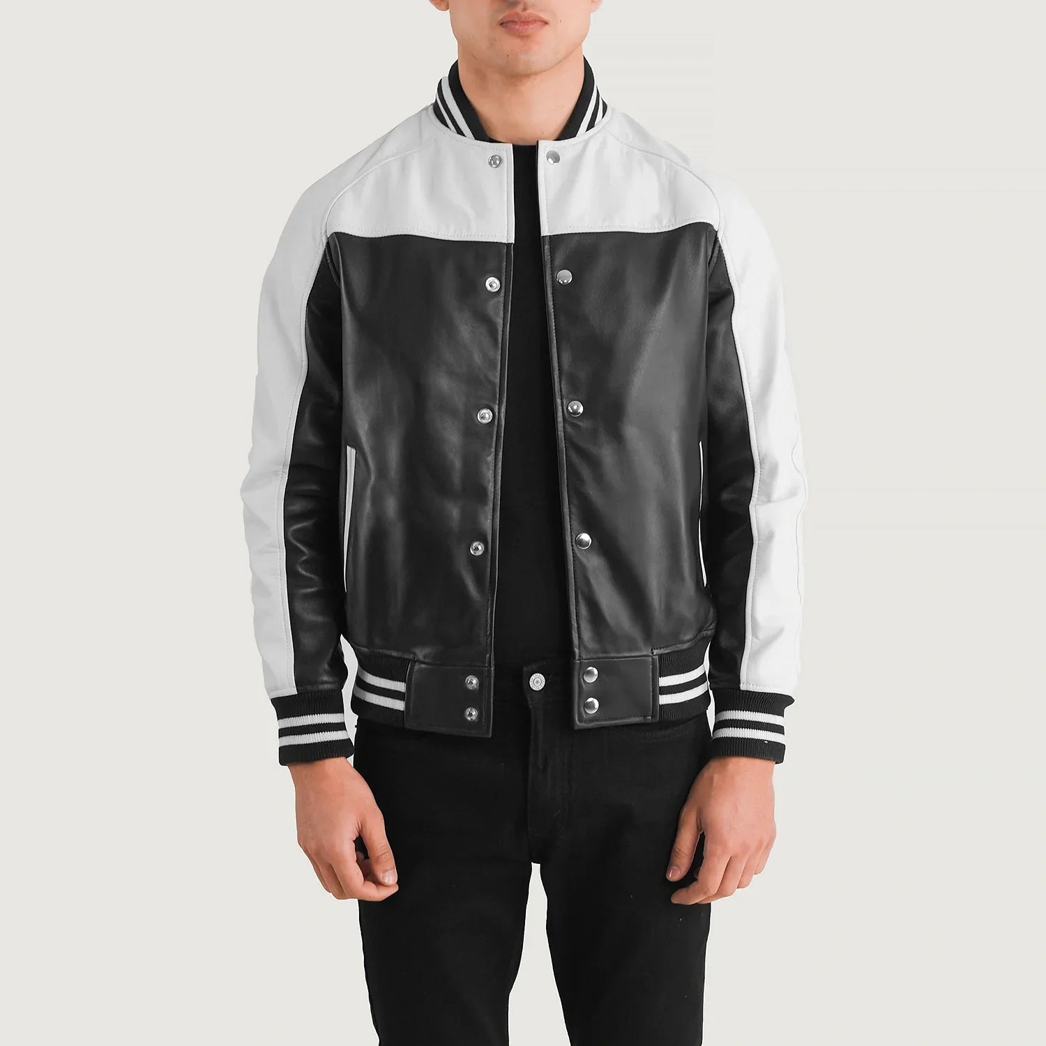 MonoStrike Leather Varsity Jacket – Black & White for sale