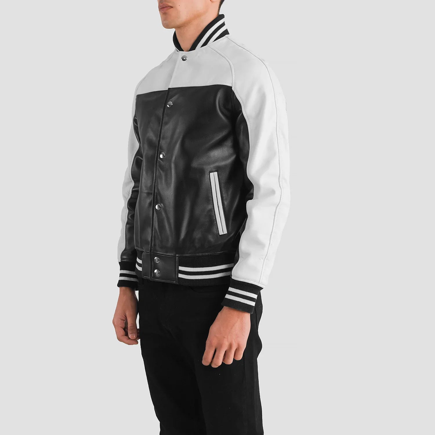 MonoStrike Leather Varsity Jacket – Black & White for sale