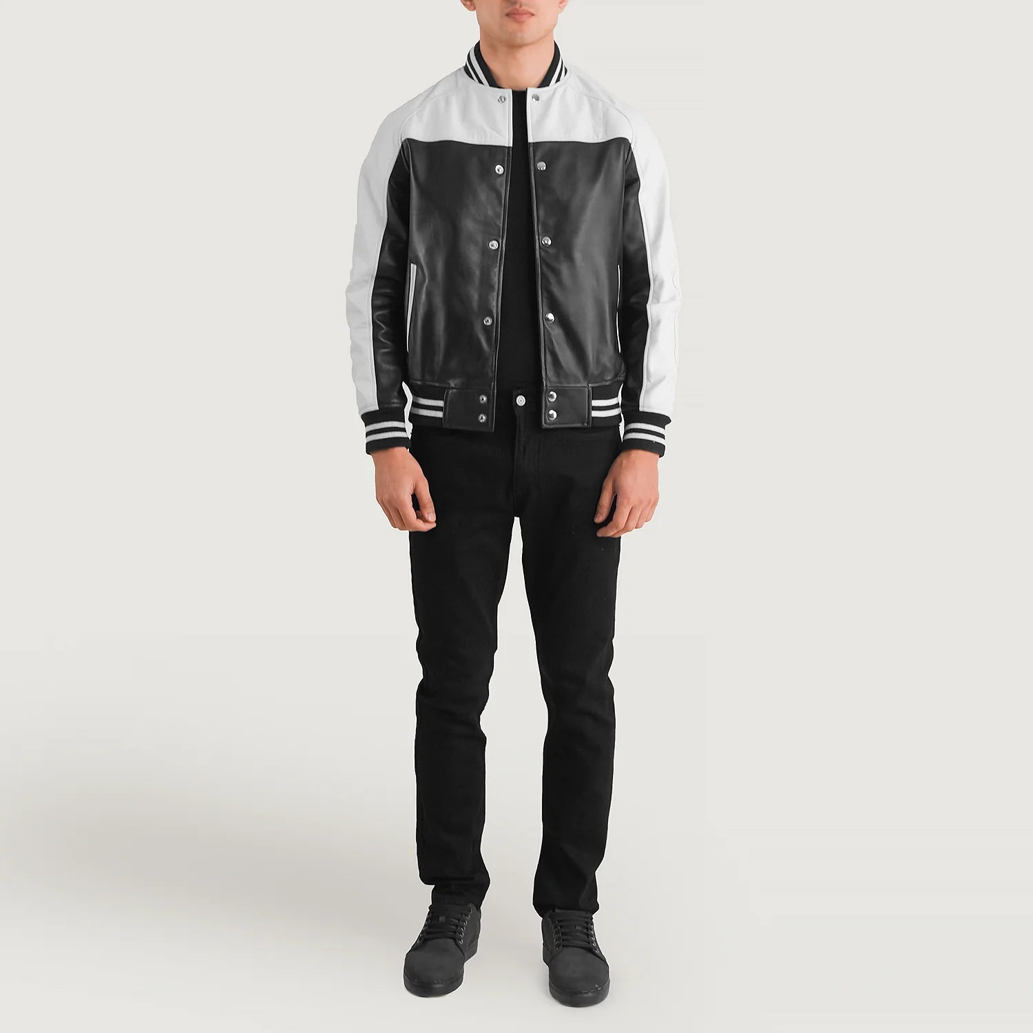 MonoStrike Leather Varsity Jacket – Black & White for sale
