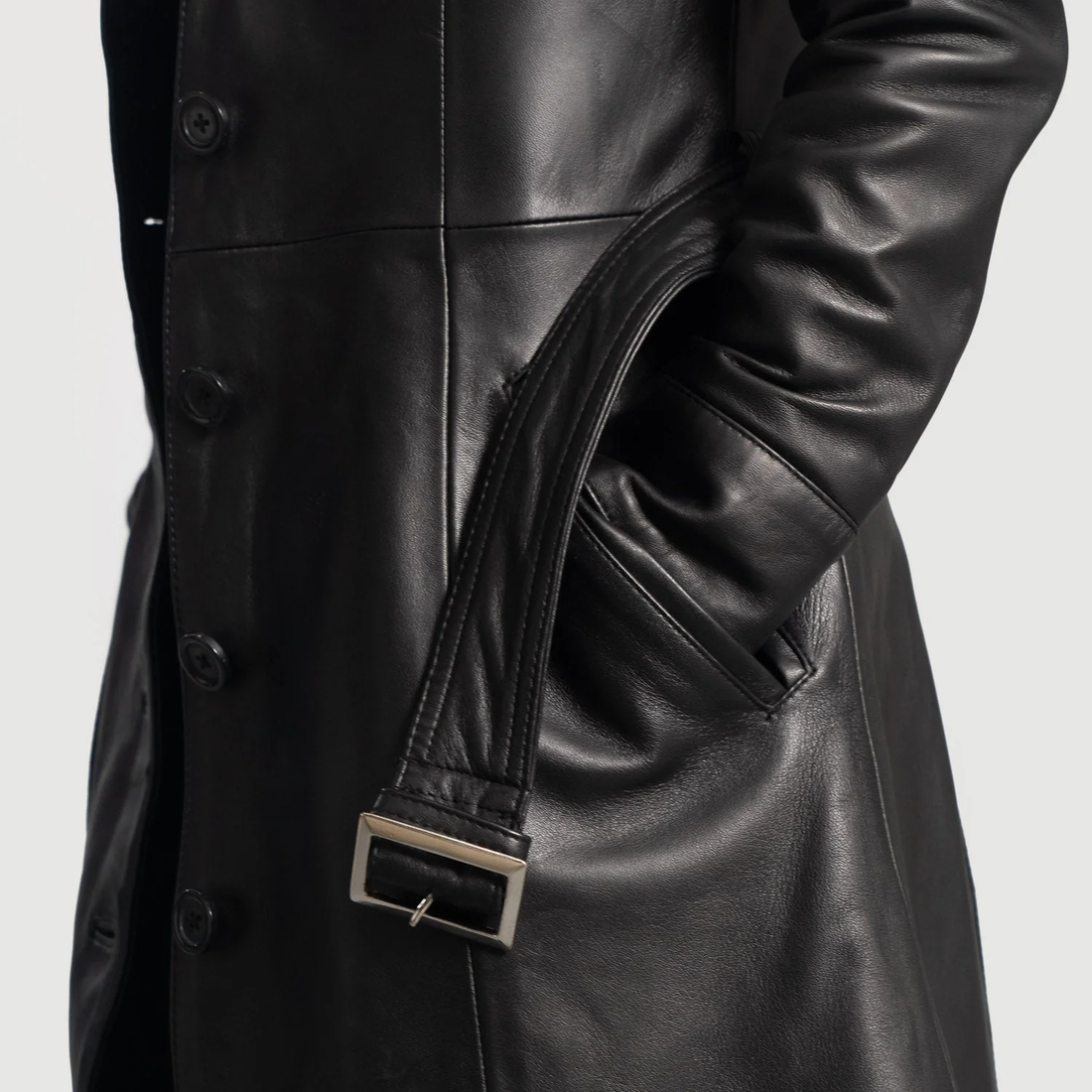 Noctis Black Belted Leather Trench Coat for sale