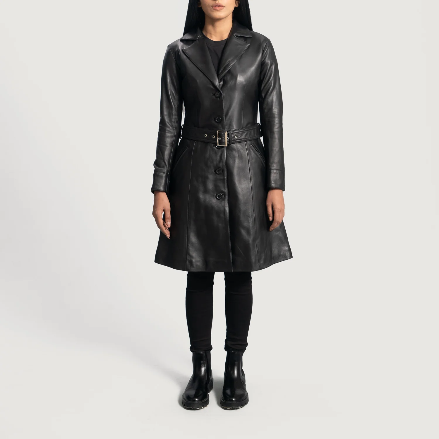 Noctis Black Belted Leather Trench Coat for sale