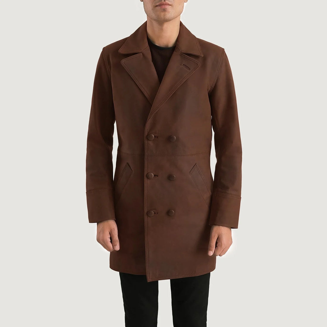 Ravton Double-Breasted Leather Coat Brown for sale