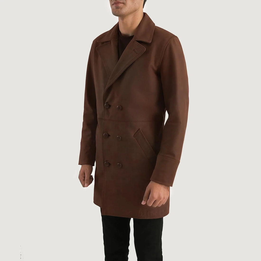 Ravton Double-Breasted Leather Coat Brown for sale