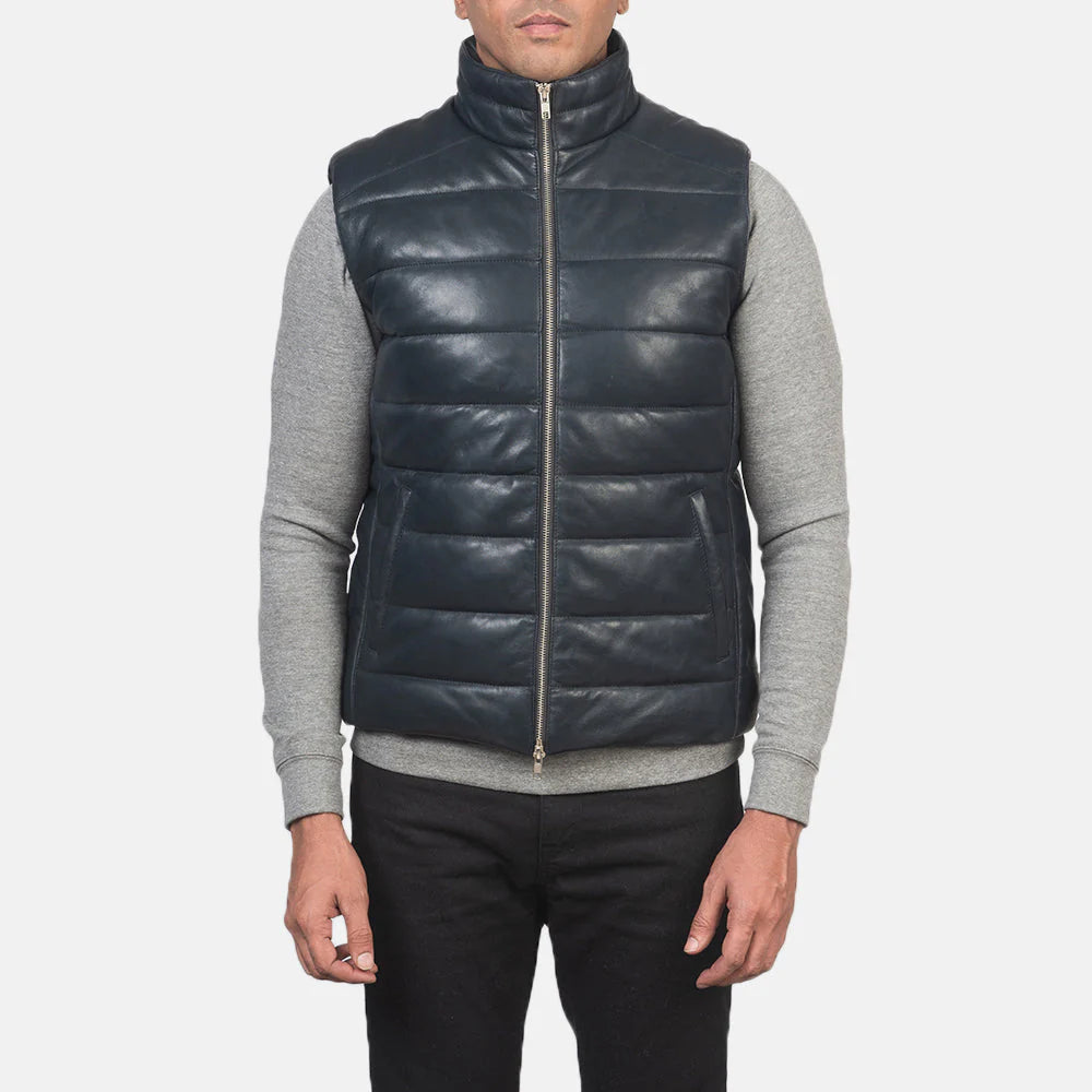 Reeves Aero Leather Puffer Vest Blue for sale