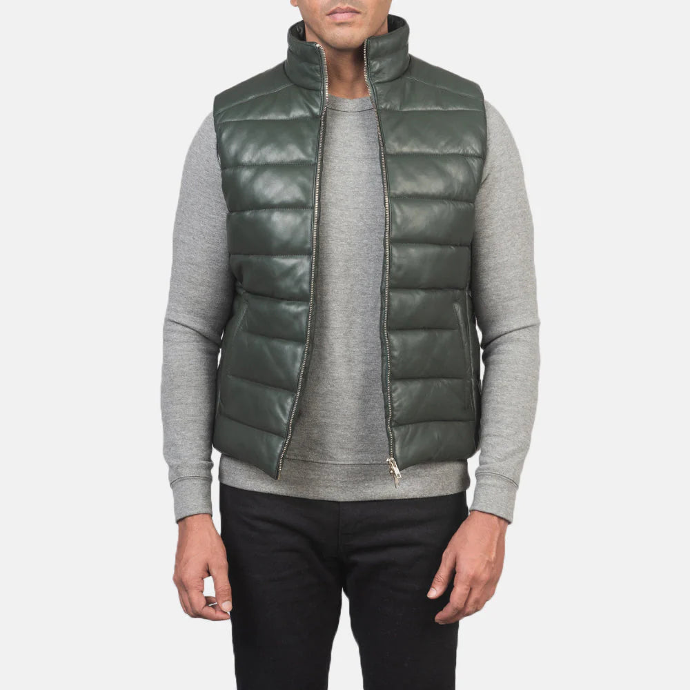 Reeves Aero Leather Puffer Vest Green for sale