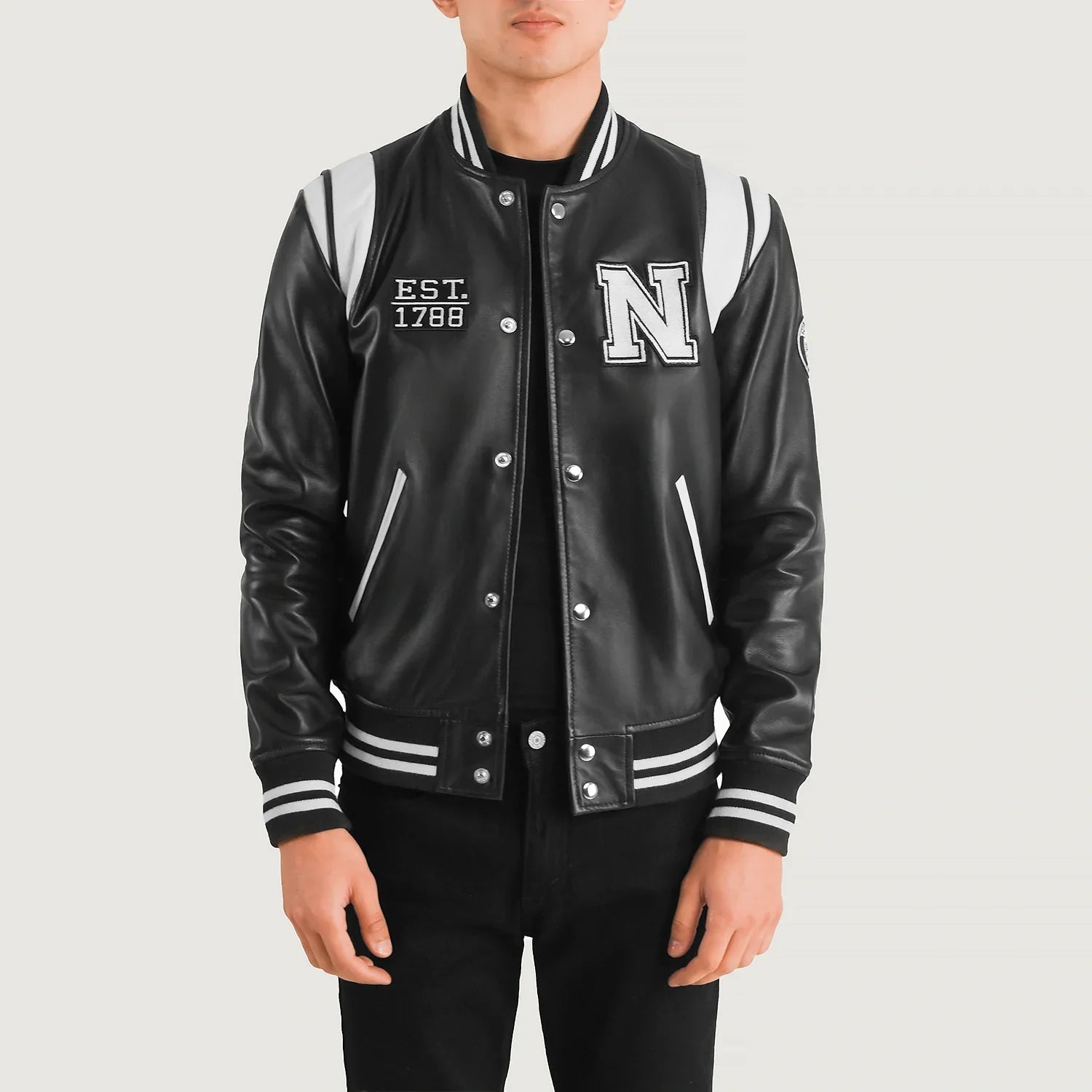 Sovereign York Black Leather Varsity Jacket for sale