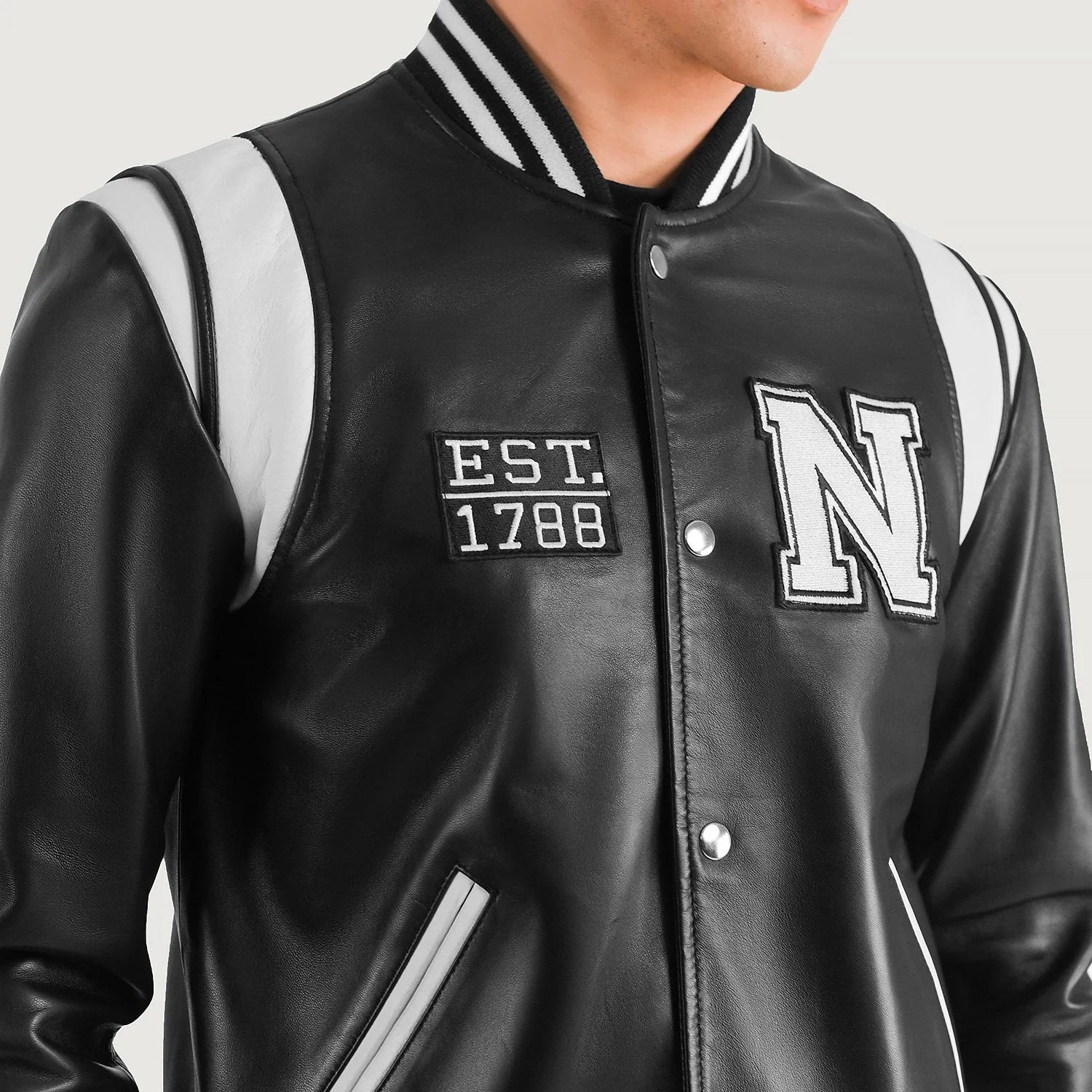 Sovereign York Black Leather Varsity Jacket for sale