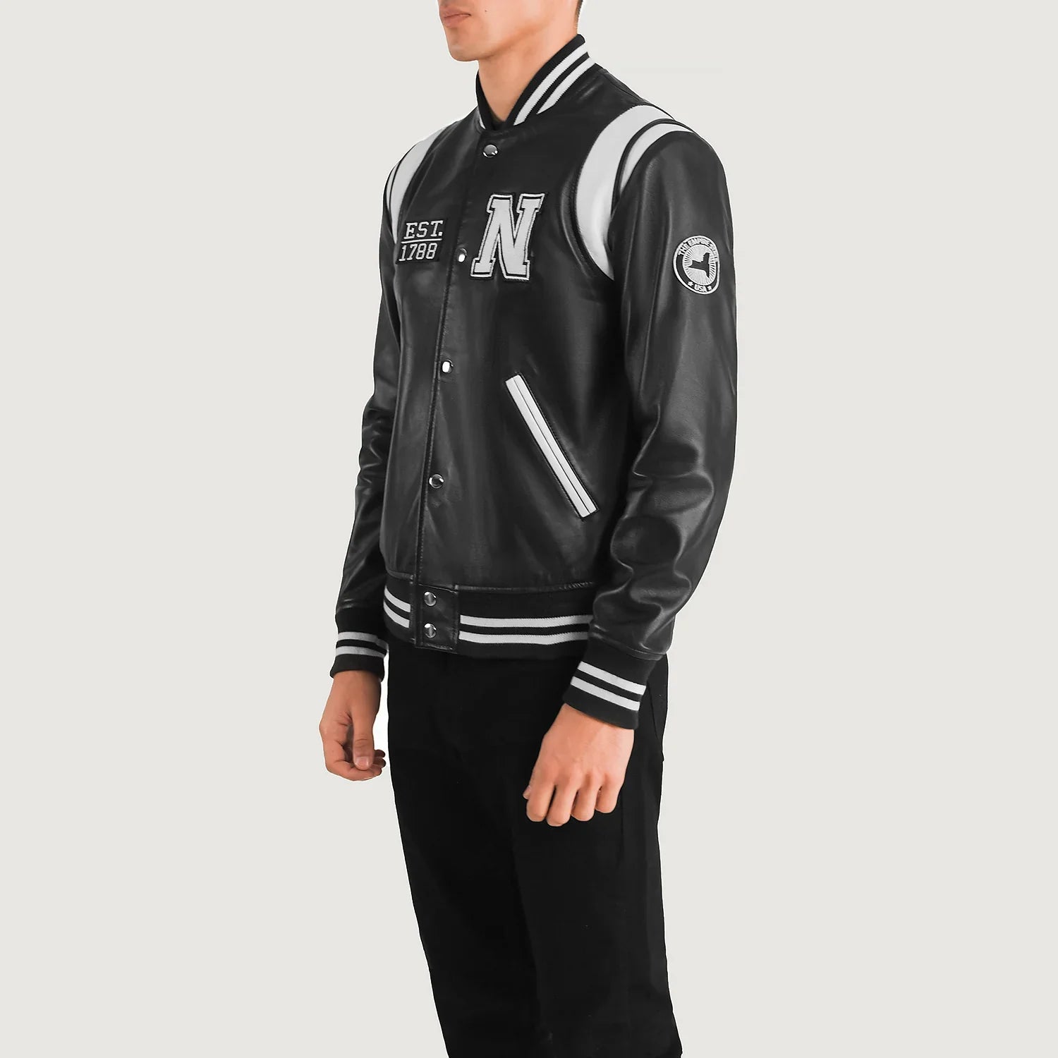 Sovereign York Black Leather Varsity Jacket for sale