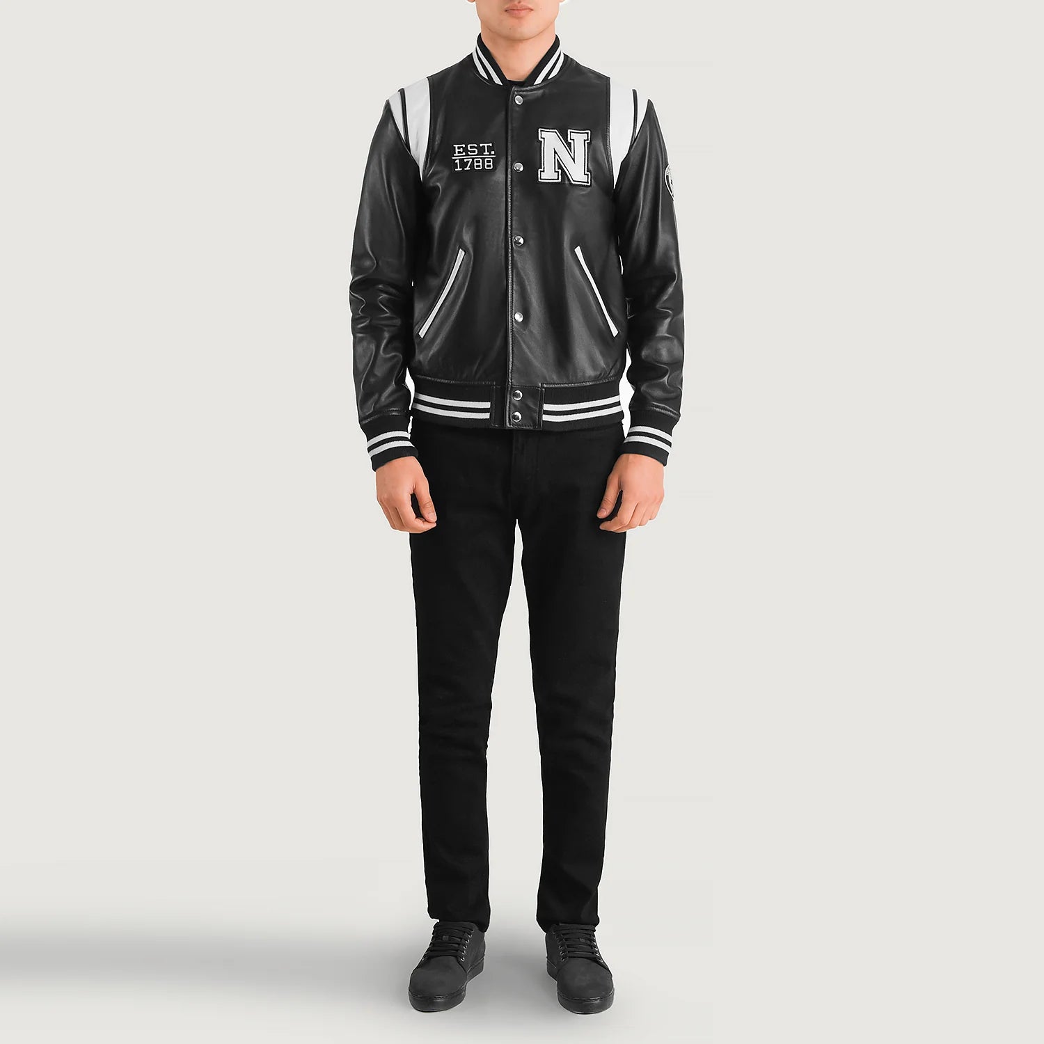 Sovereign York Black Leather Varsity Jacket for sale