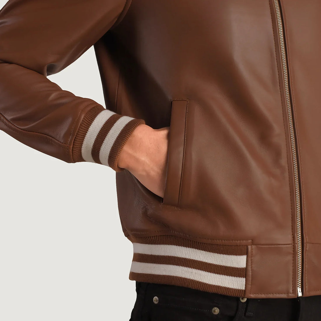 Trackform Brown Leather Varsity Jacket for sale