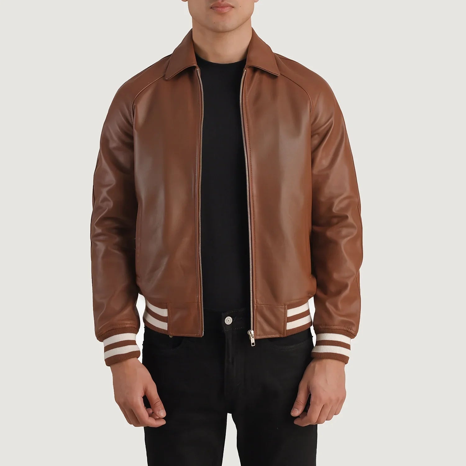 Trackform Brown Leather Varsity Jacket for sale