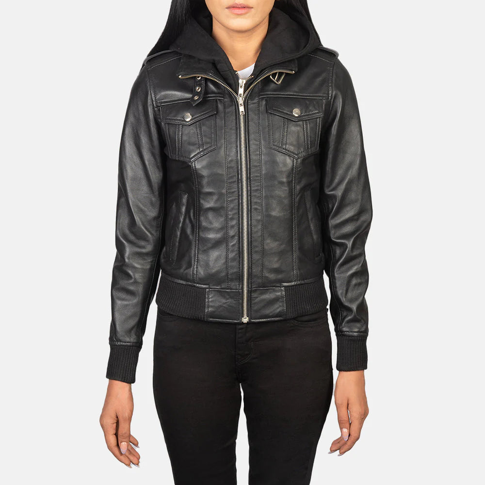 Urban Halo Hooded Black Leather Bomber for sale