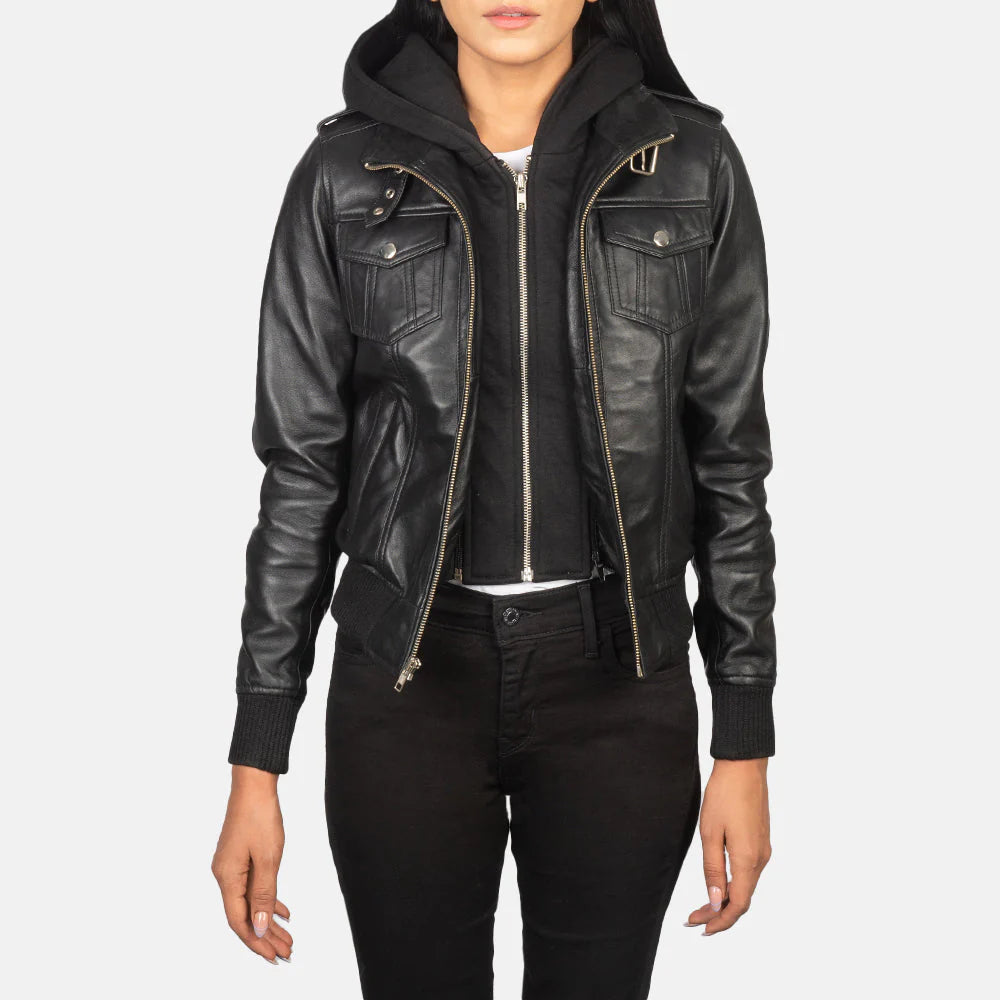 Urban Halo Hooded Black Leather Bomber for sale