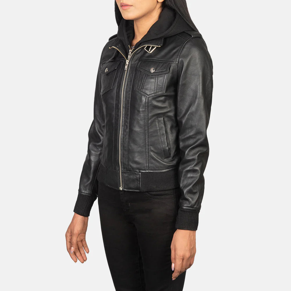 Urban Halo Hooded Black Leather Bomber for sale
