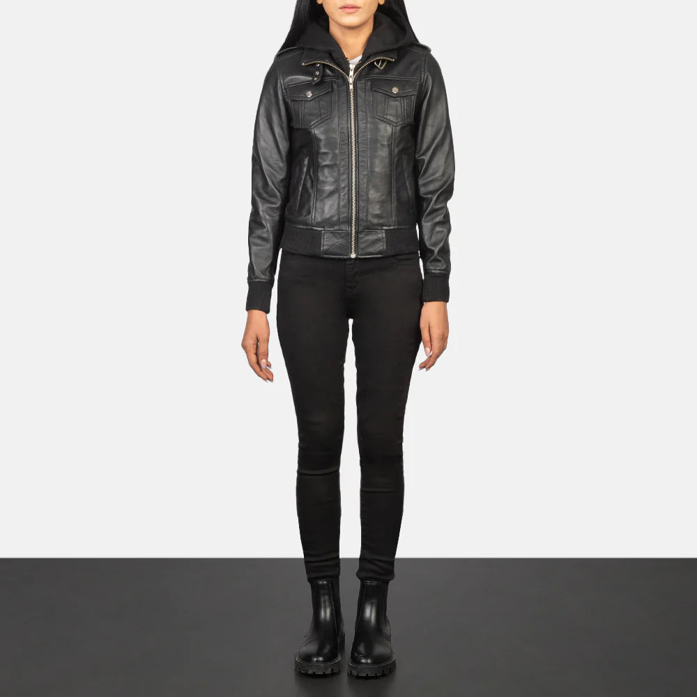 Urban Halo Hooded Black Leather Bomber for sale