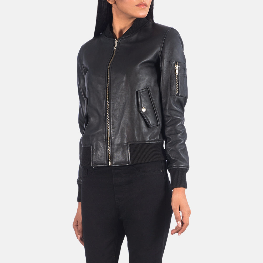 Velisse Noir Leather Bomber Jacket For Sale