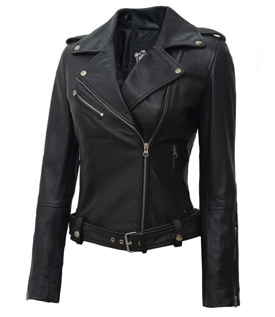 Zyphira Noir Leather Biker Jacket For Sale