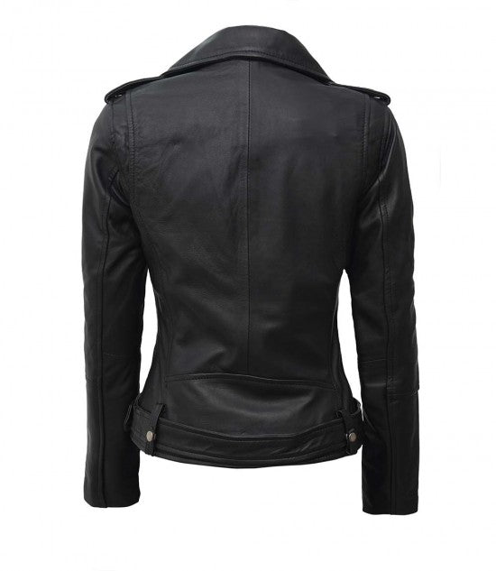Zyphira Noir Leather Biker Jacket For Sale
