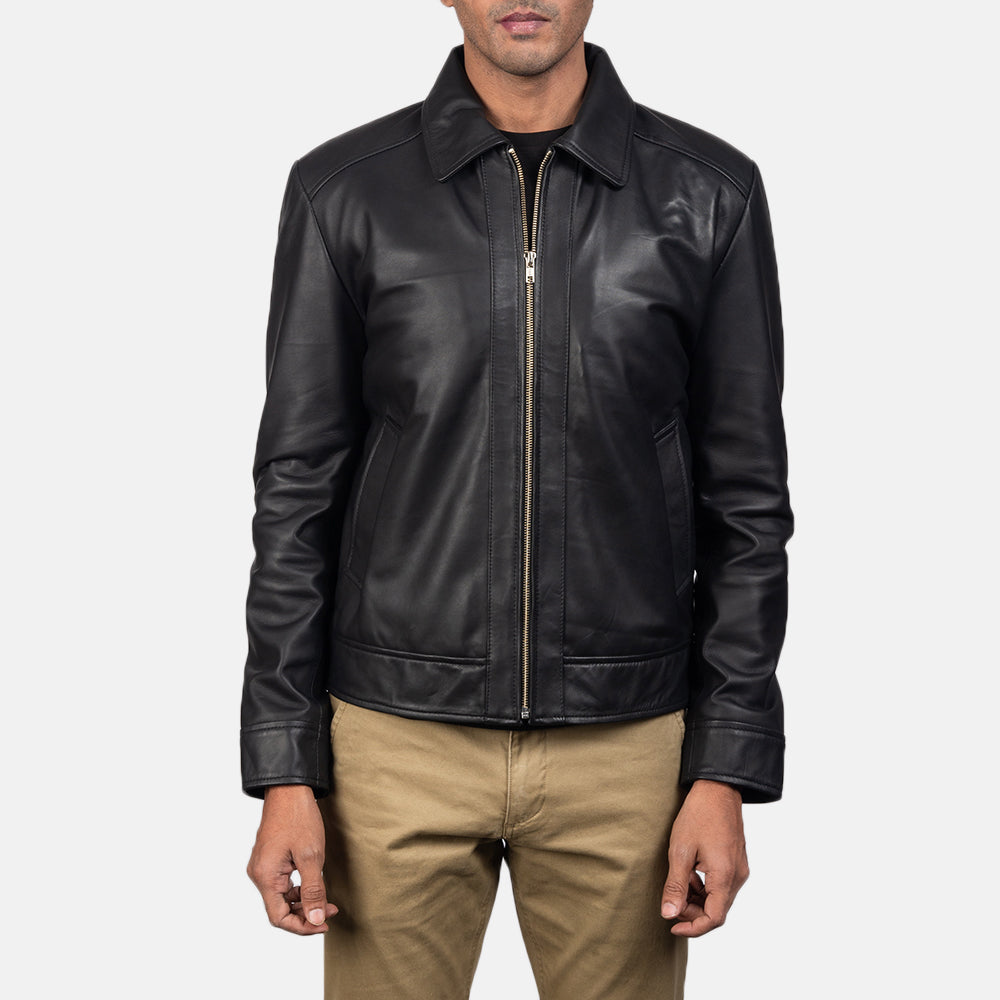 Collared Leather Jacket - Black for sale